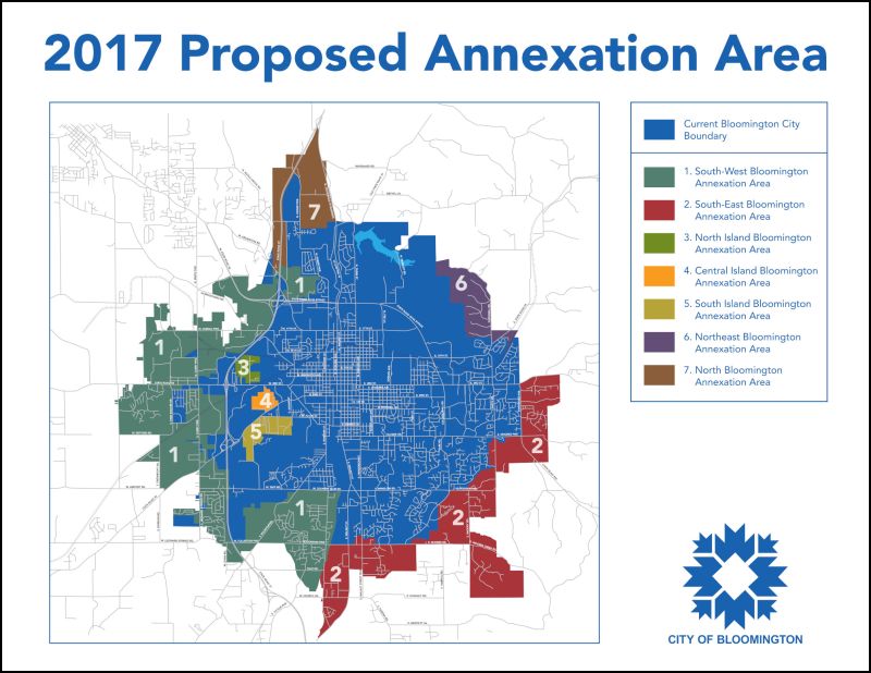 This is a map of the city of Bloomington and seven surrounding areas that were considered for annexation, starting in 2017.